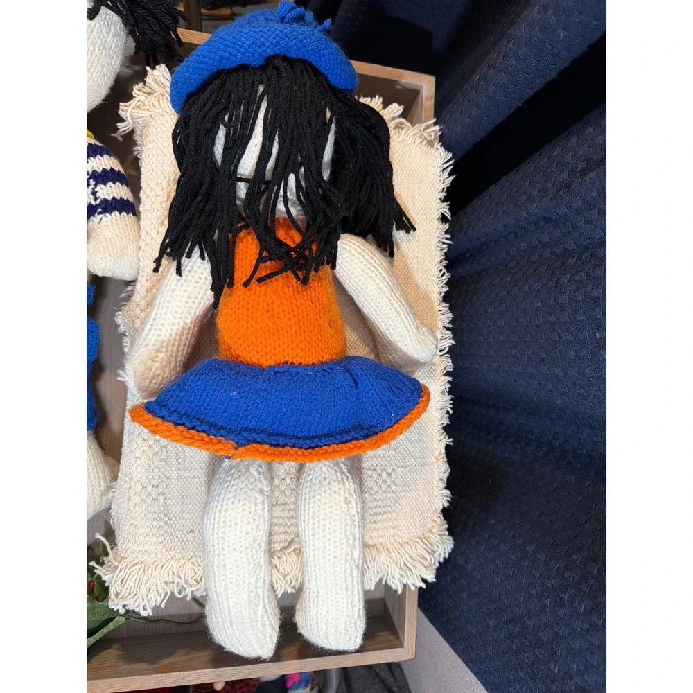 Vintage Handmade Knit Dolls Boy and Girl Set Striped Sweater Suspenders hats‎